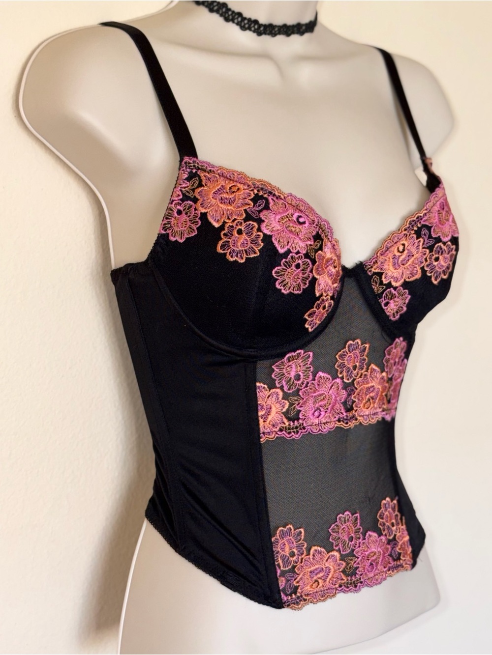 Vintage Frederick's of Hollywood Black Bustier with Pink Floral Embroidery